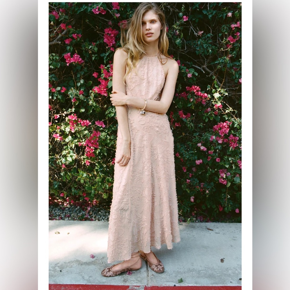 NWT ZARA blush light pink structured halter maxi dress fringe detail size XL